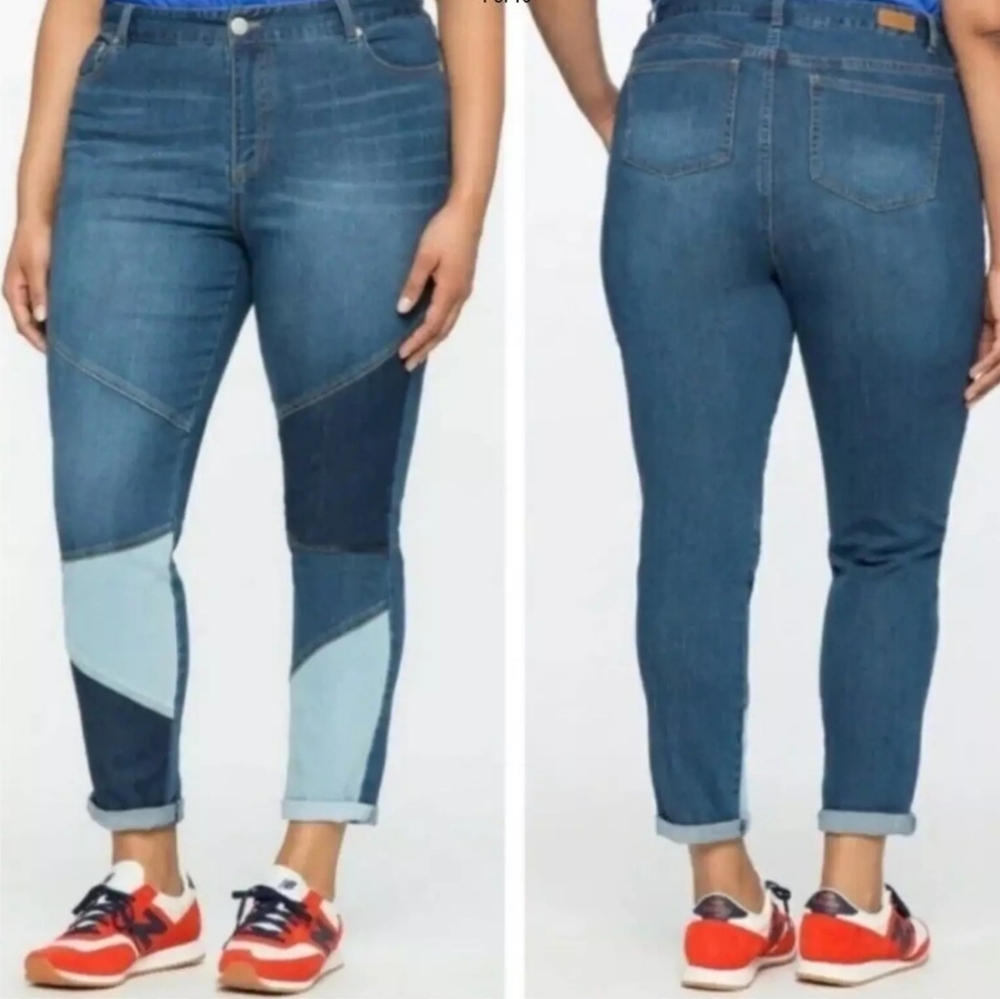 Eloquii Women's Blue Denim Patchwork Cropped Skinny Jeans Size 14 Petite